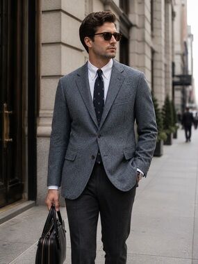Vintage John Weitz Ivy Tweed Blazer 42R Gray/Blue Herringbone Wool USA